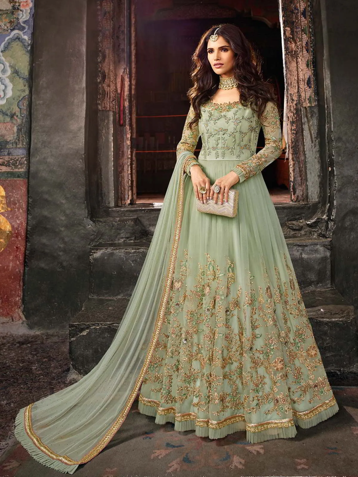 Light Green Multi Embroidery Designer Anarkali Pant Suit