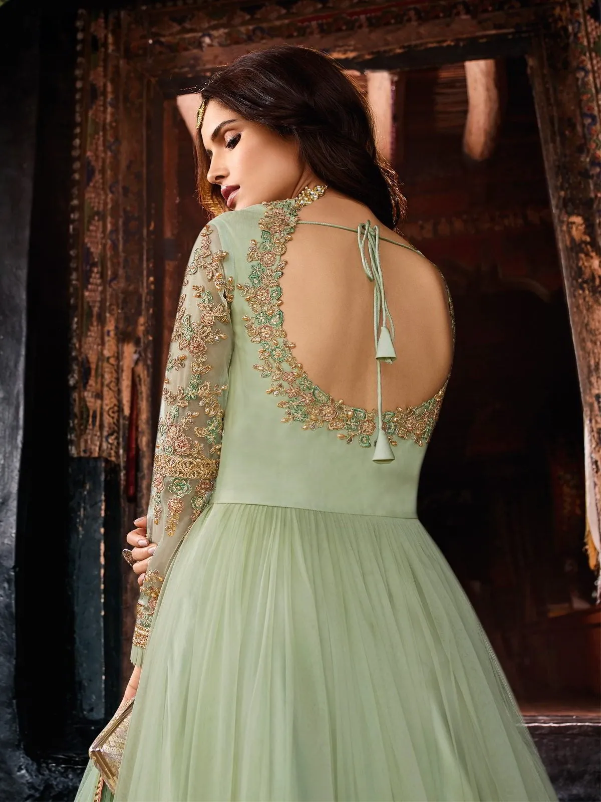 Light Green Multi Embroidery Designer Anarkali Pant Suit