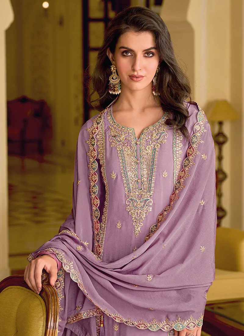 Light Purple Sequence Embroidery Designer Pant Style Suit