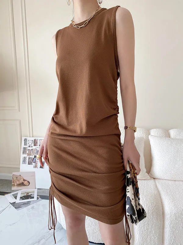 Loose Sleeveless Drawstring Solid Color Round-Neck Mini Dresses