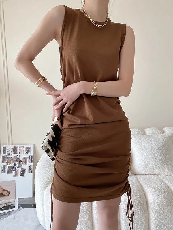 Loose Sleeveless Drawstring Solid Color Round-Neck Mini Dresses