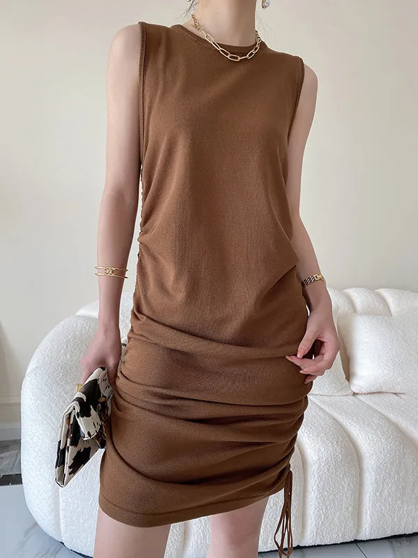 Loose Sleeveless Drawstring Solid Color Round-Neck Mini Dresses