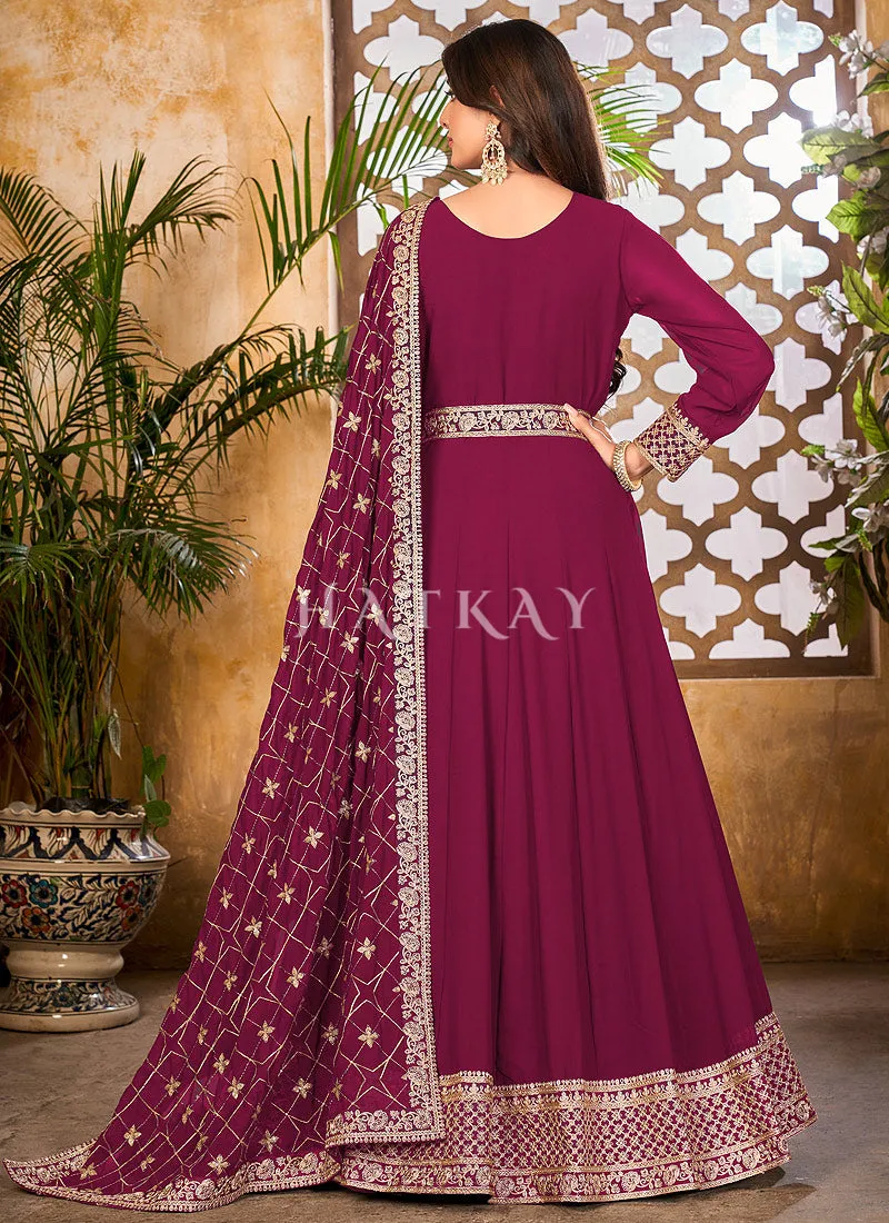 Magenta And Gold Embroidered Gorgette Anarkali Suit