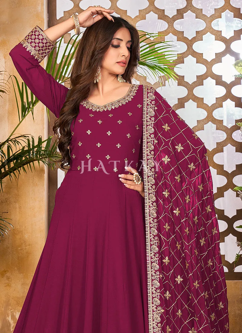 Magenta And Gold Embroidered Gorgette Anarkali Suit