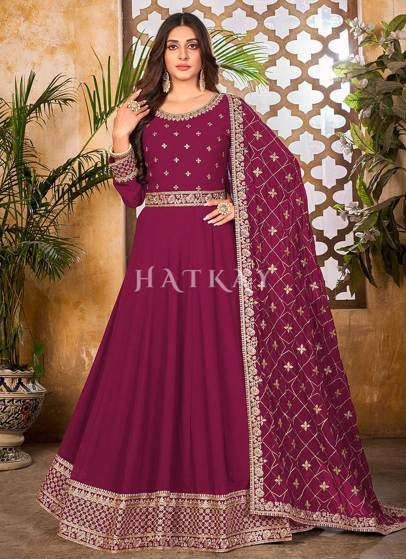 Magenta And Gold Embroidered Gorgette Anarkali Suit