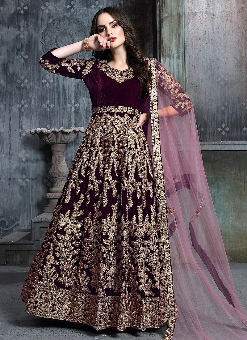 Magenta And Golden Indian Anarkali Suit