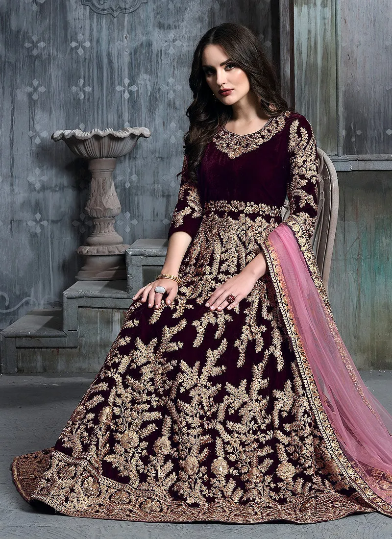 Magenta And Golden Indian Anarkali Suit