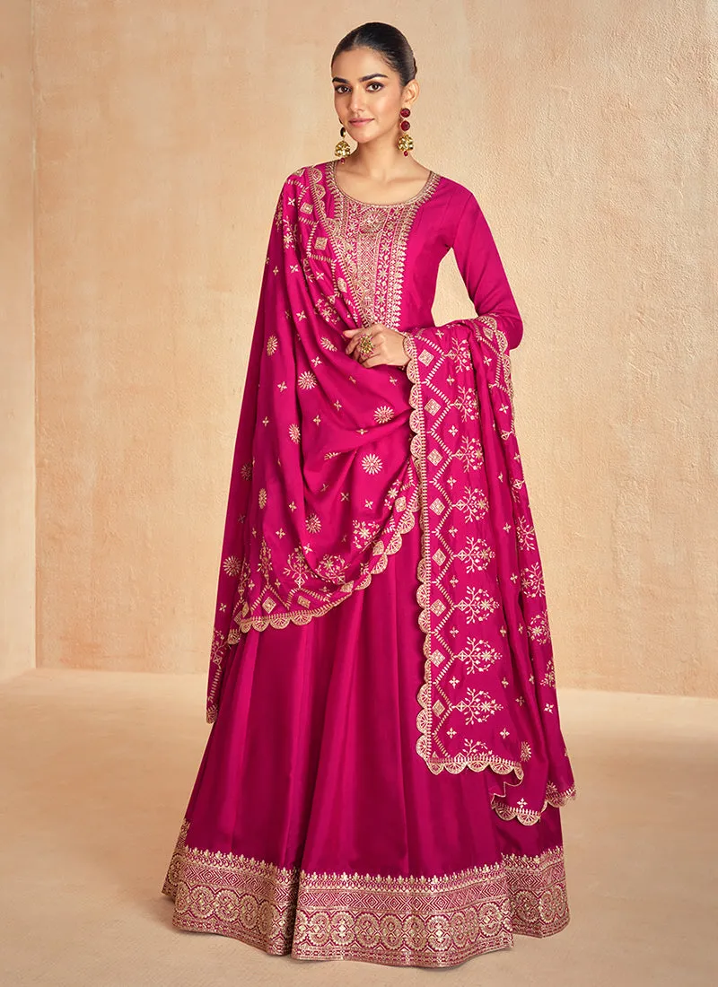 Magenta Pink Golden Embroidery Wedding Anarkali Suit