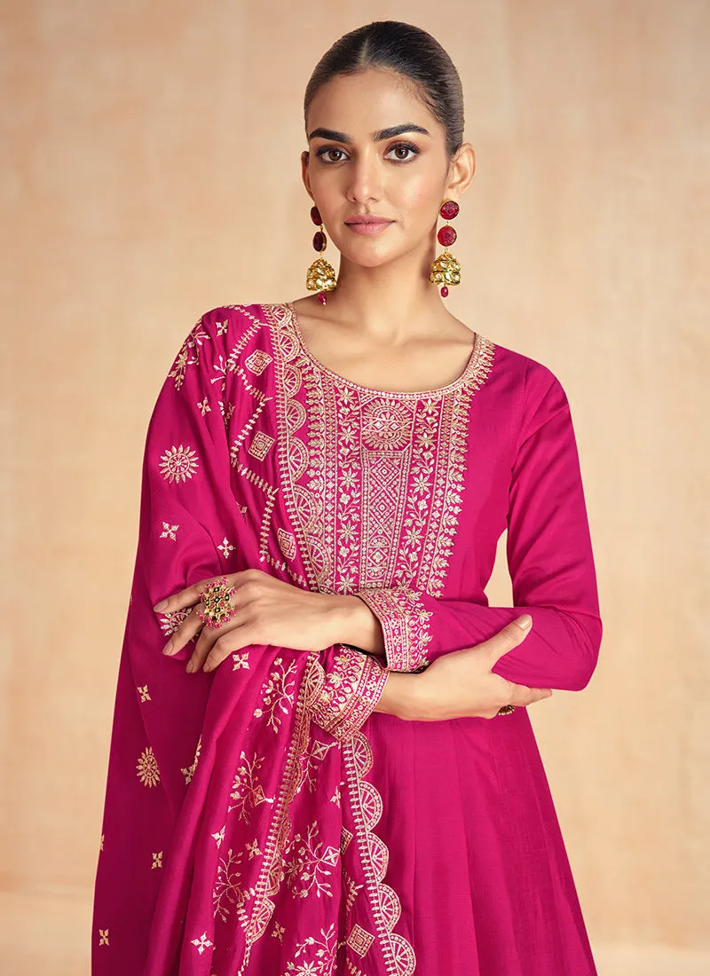 Magenta Pink Golden Embroidery Wedding Anarkali Suit