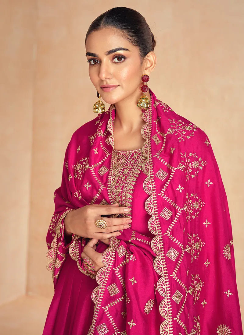 Magenta Pink Golden Embroidery Wedding Anarkali Suit