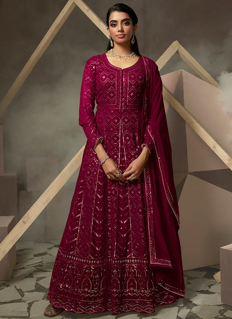 Magenta Pink Lucknowi Embroidered Anarkali Gown