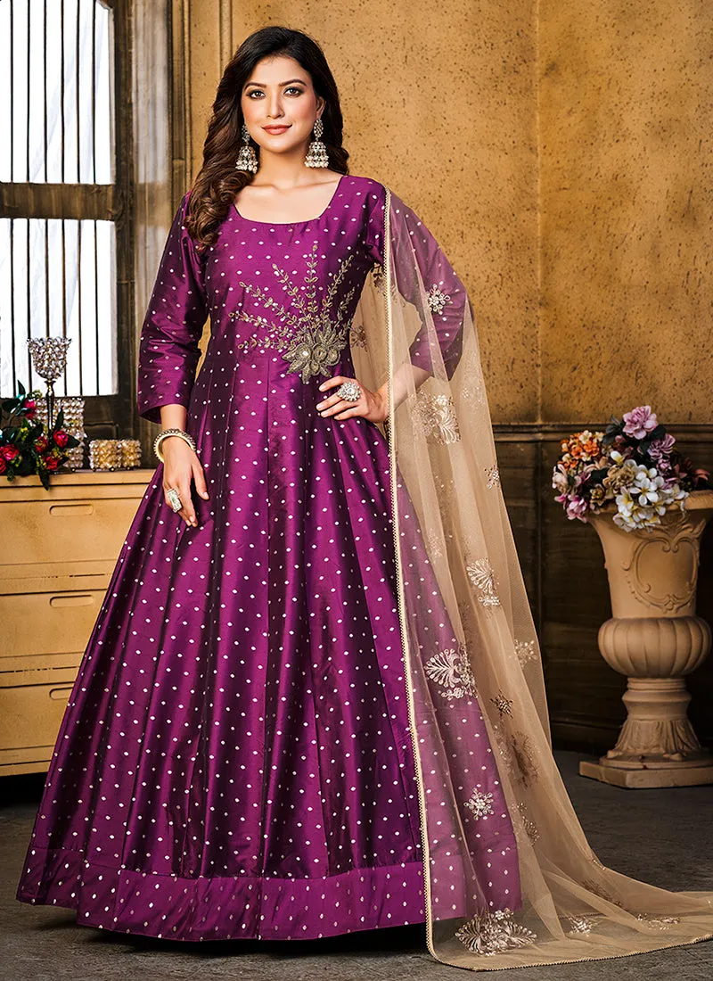 Magenta Purple Handwork Embroidery Silk Anarkali Suit