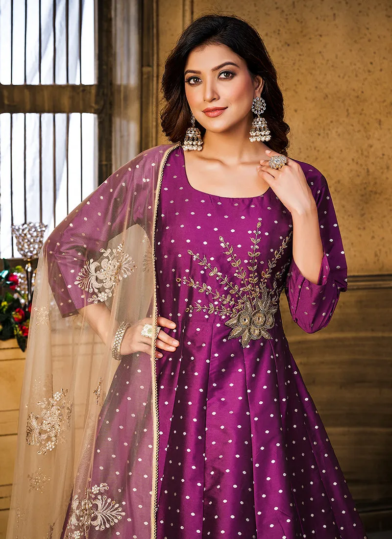 Magenta Purple Handwork Embroidery Silk Anarkali Suit