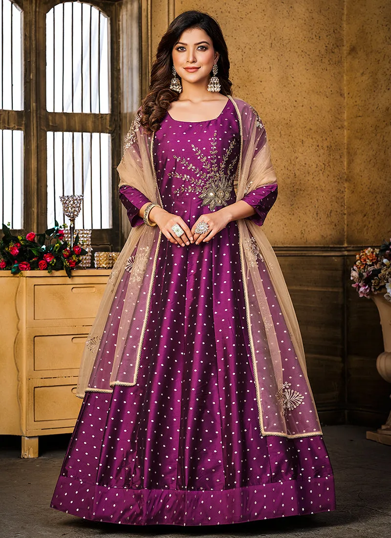 Magenta Purple Handwork Embroidery Silk Anarkali Suit