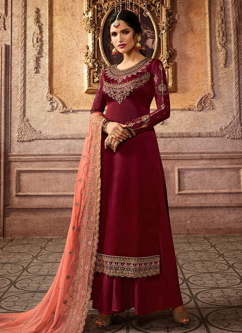 Maroon And Peach Embroidered Palazzo Suit