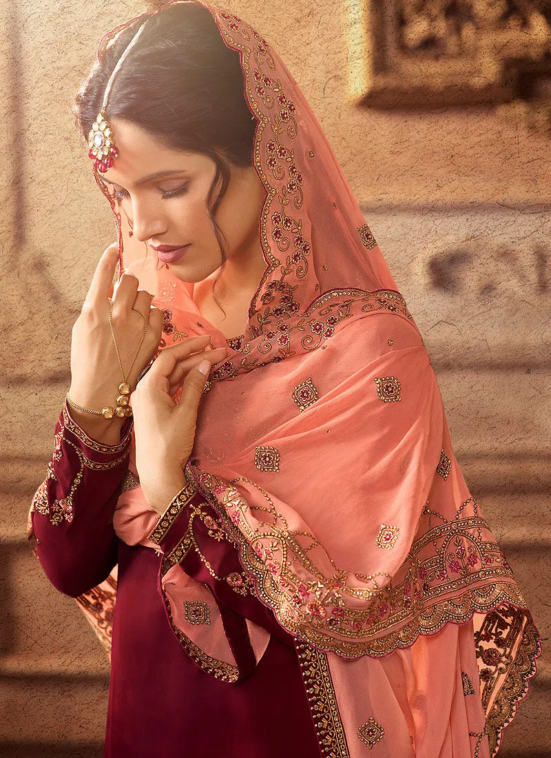 Maroon And Peach Embroidered Palazzo Suit