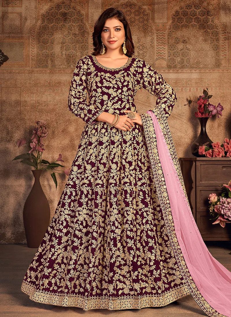 Maroon And Pink Zari Embellished Wedding Anarkali Suit