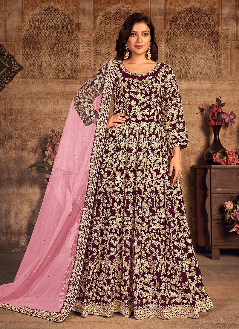 Maroon And Pink Zari Embellished Wedding Anarkali Suit