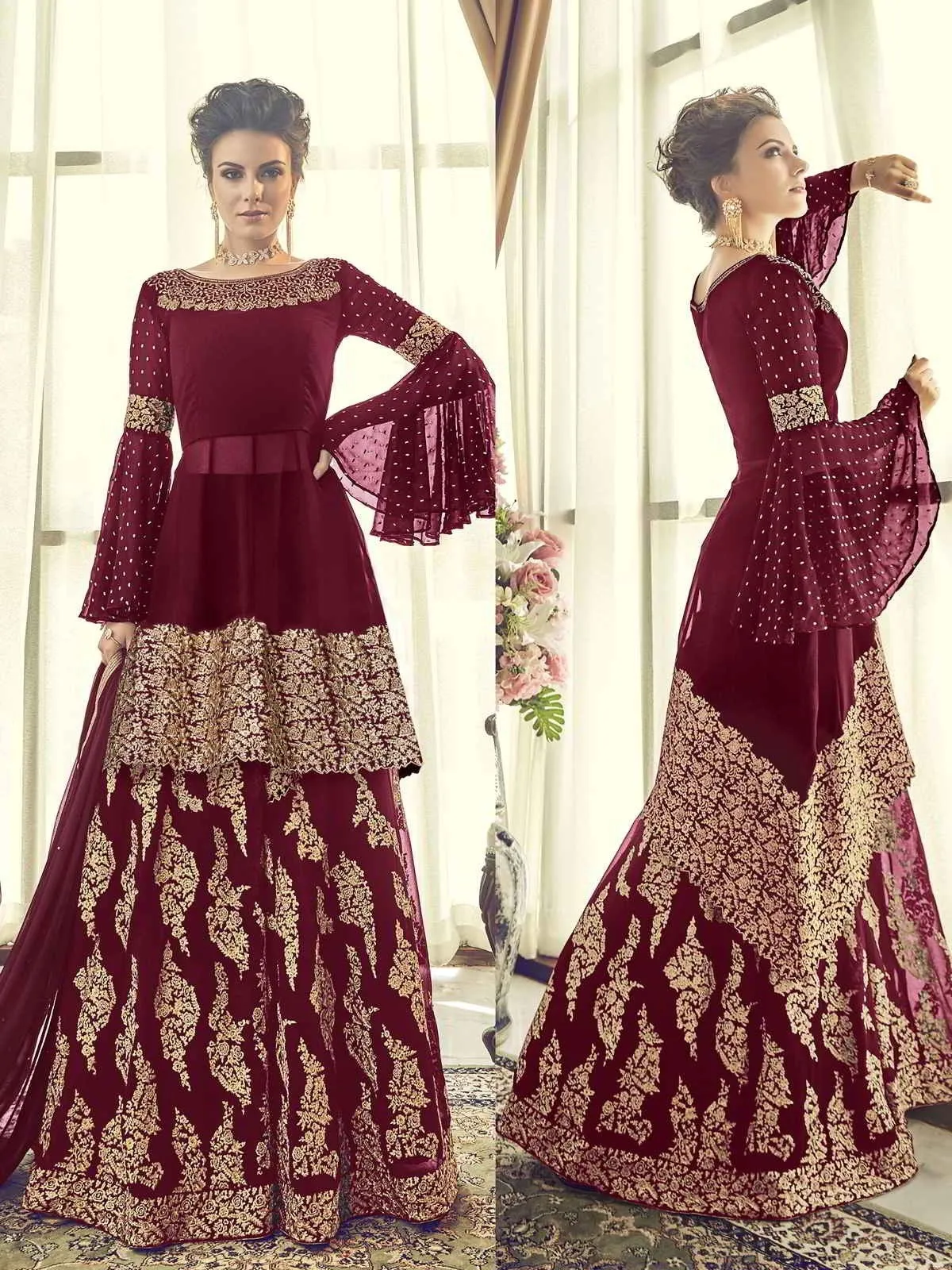 Maroon Embellished Indo-Western Style Gharara Suit