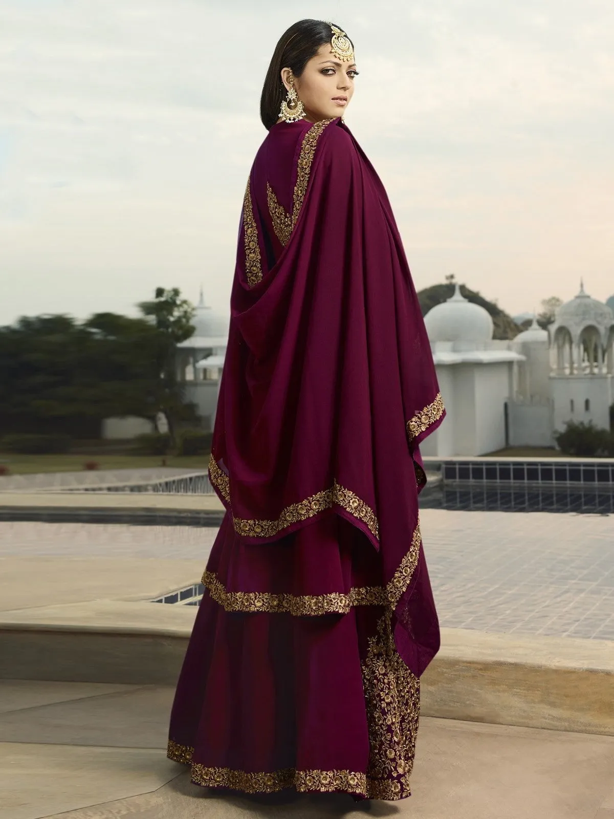 Maroon Golden Embroidered Wedding Lehenga Suit