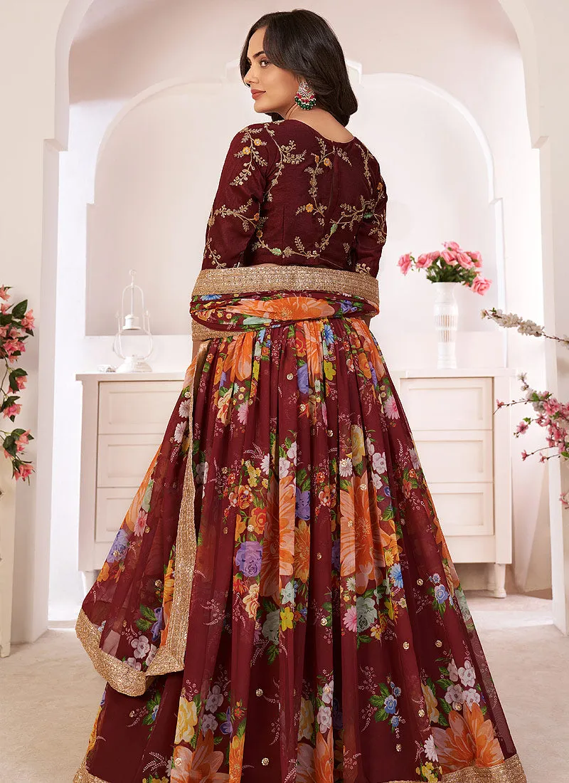 Maroon Sequence Embellished Floral Lehenga Choli