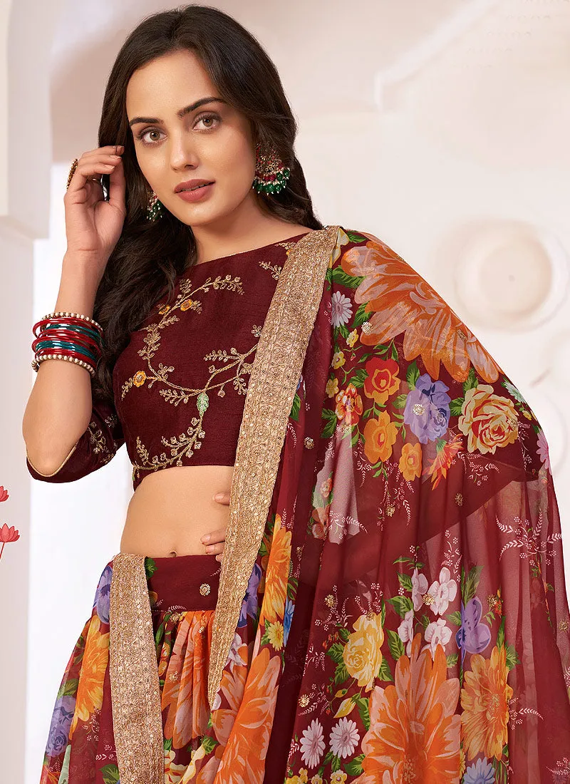 Maroon Sequence Embellished Floral Lehenga Choli