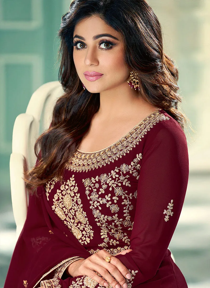 Maroon Zari Embroidered Anarkali Suit