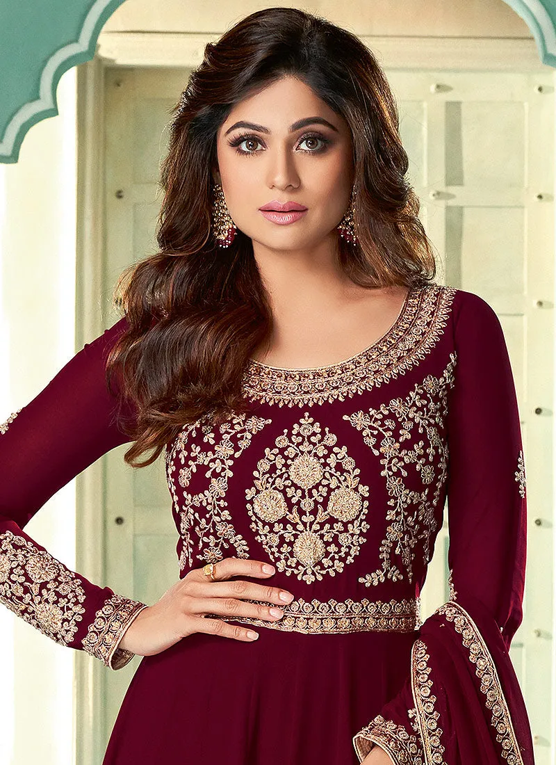 Maroon Zari Embroidered Anarkali Suit