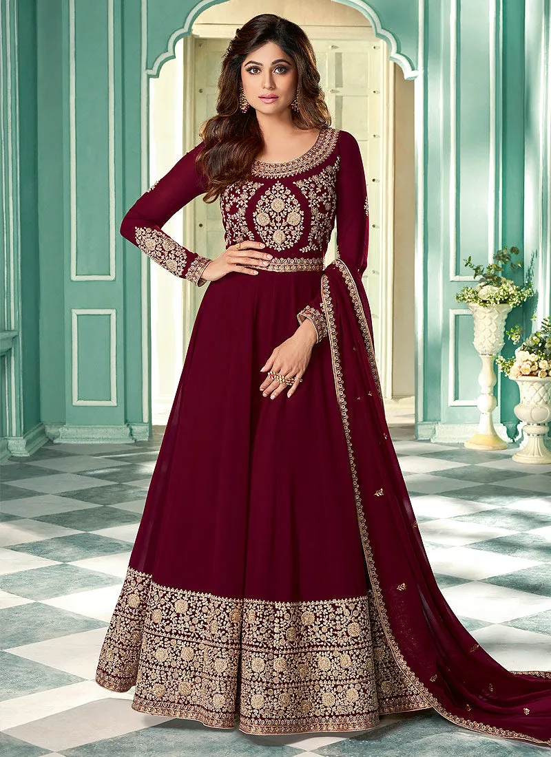 Maroon Zari Embroidered Anarkali Suit