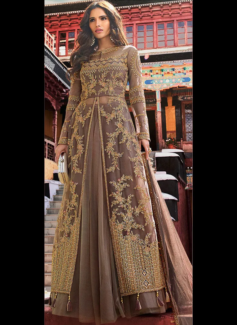 Mauve With Golden Embroidered Slit Style Designer Lehenga Suit