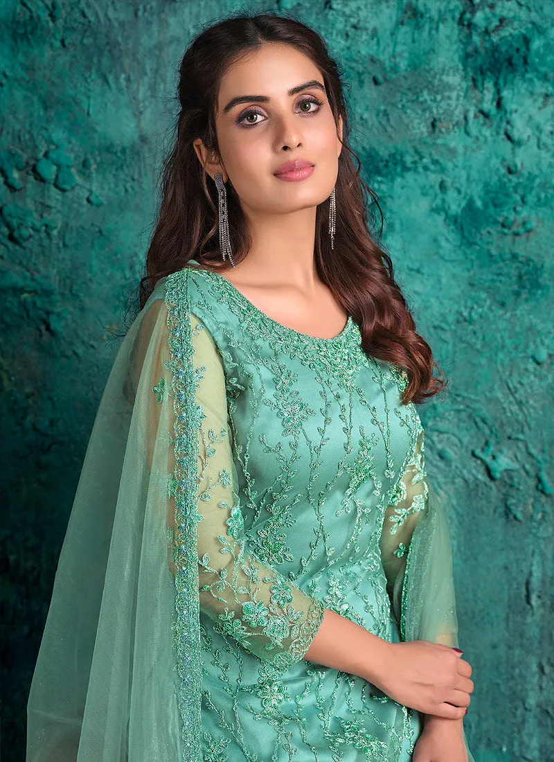 Mint Green Embroidered Pakistani Pant Suit