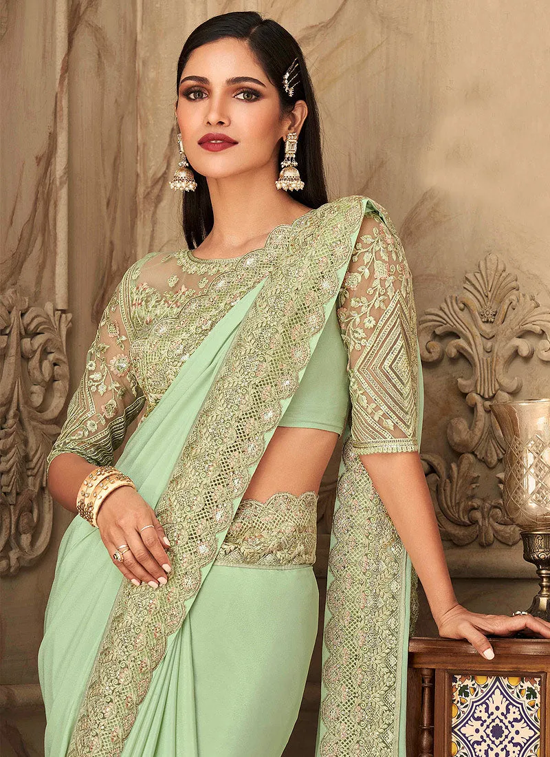 Mint Green Embroidered Silk Saree