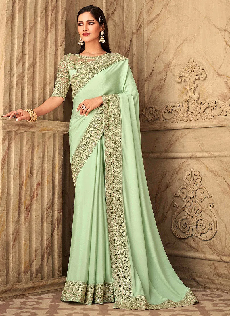 Mint Green Embroidered Silk Saree