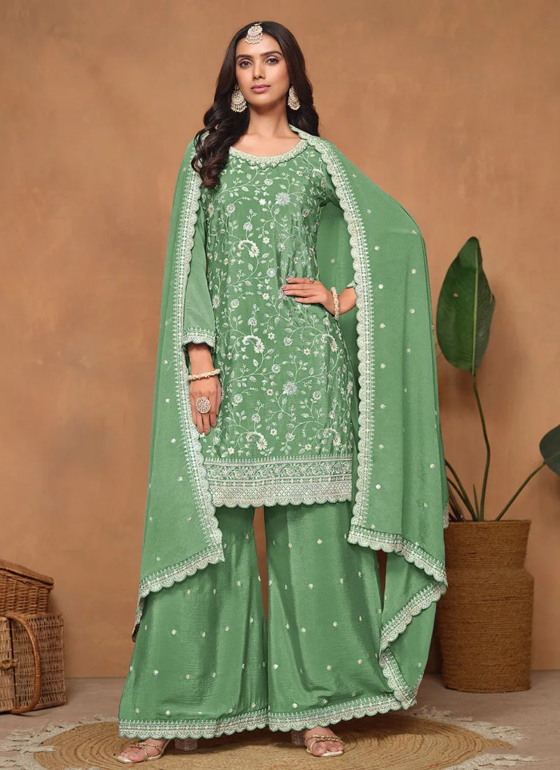 Mint Green Embroidery Festive Palazzo Suit