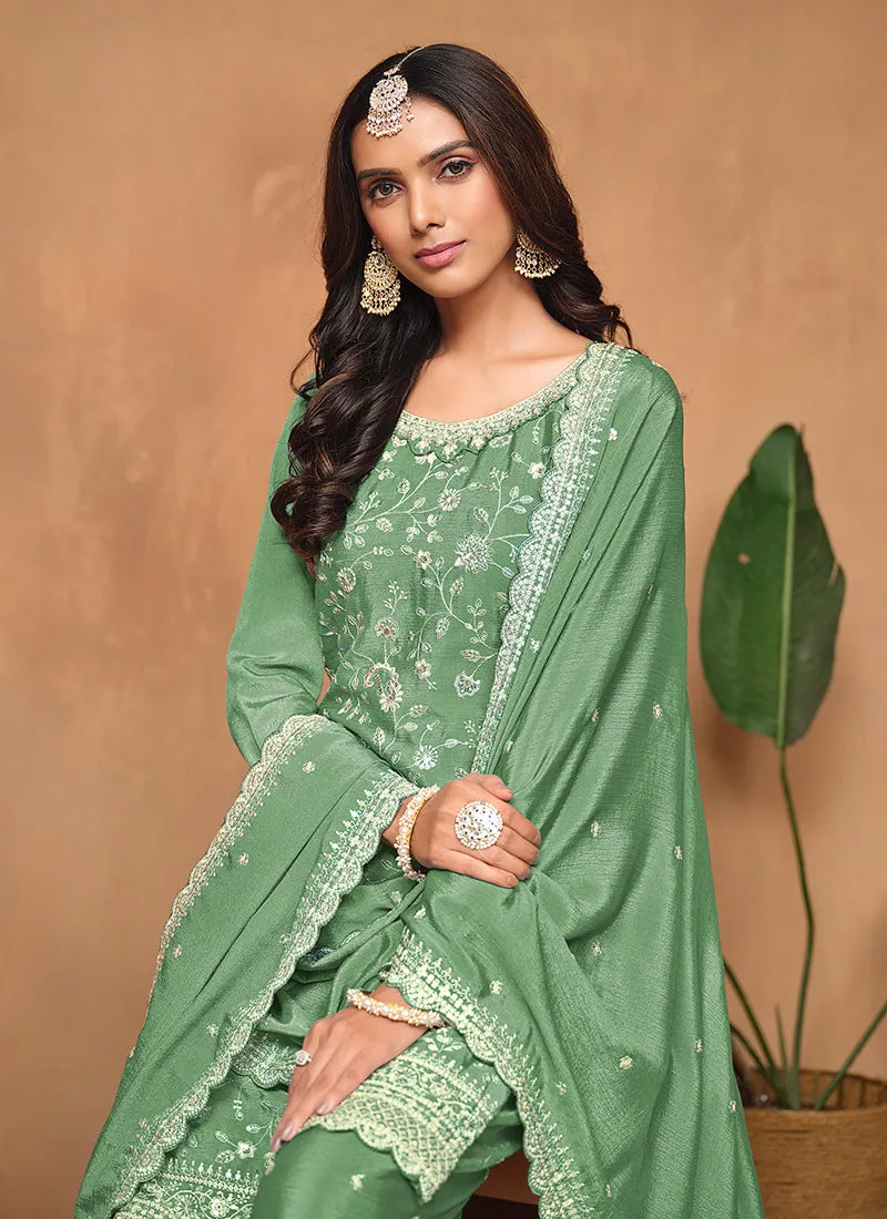 Mint Green Embroidery Festive Palazzo Suit