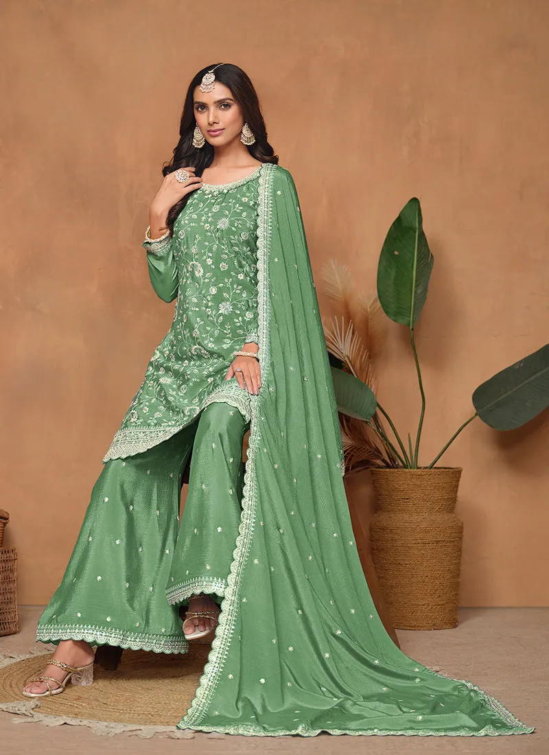 Mint Green Embroidery Festive Palazzo Suit