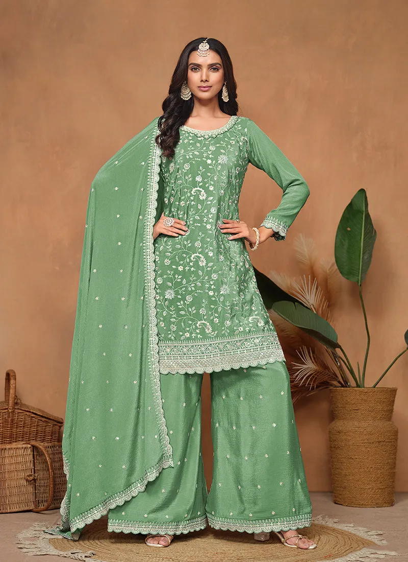 Mint Green Embroidery Festive Palazzo Suit