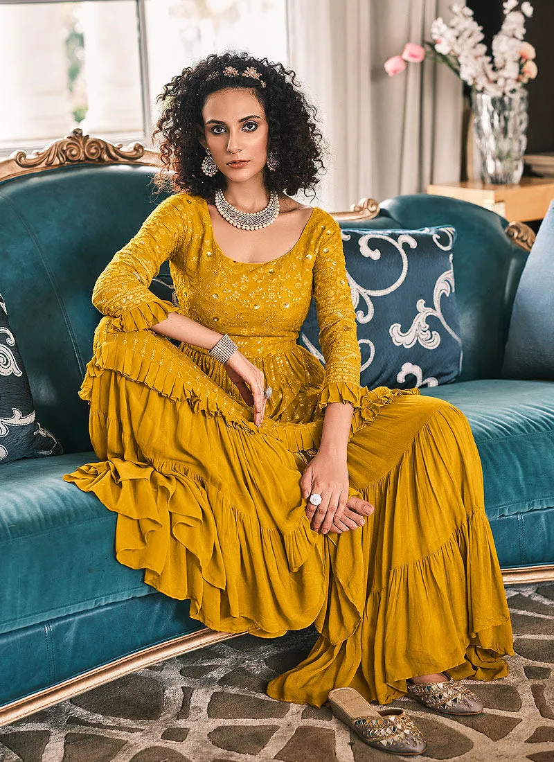 Mustard Yellow Traditional Embroidered Designer Gharara Suit