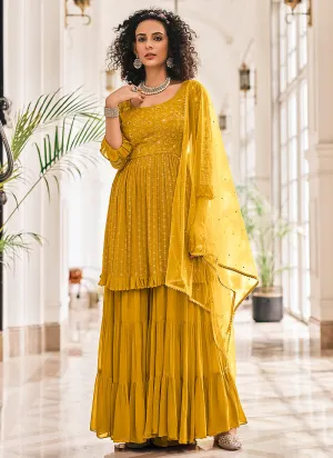 Mustard Yellow Traditional Embroidered Designer Gharara Suit