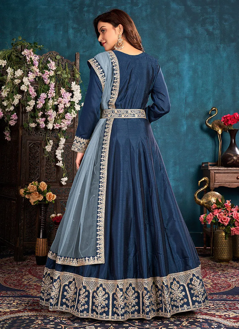 Navy Blue Embroidered Belt Style Silk Anarkali Suit