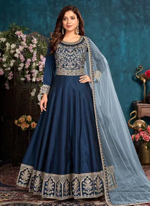 Navy Blue Embroidered Belt Style Silk Anarkali Suit