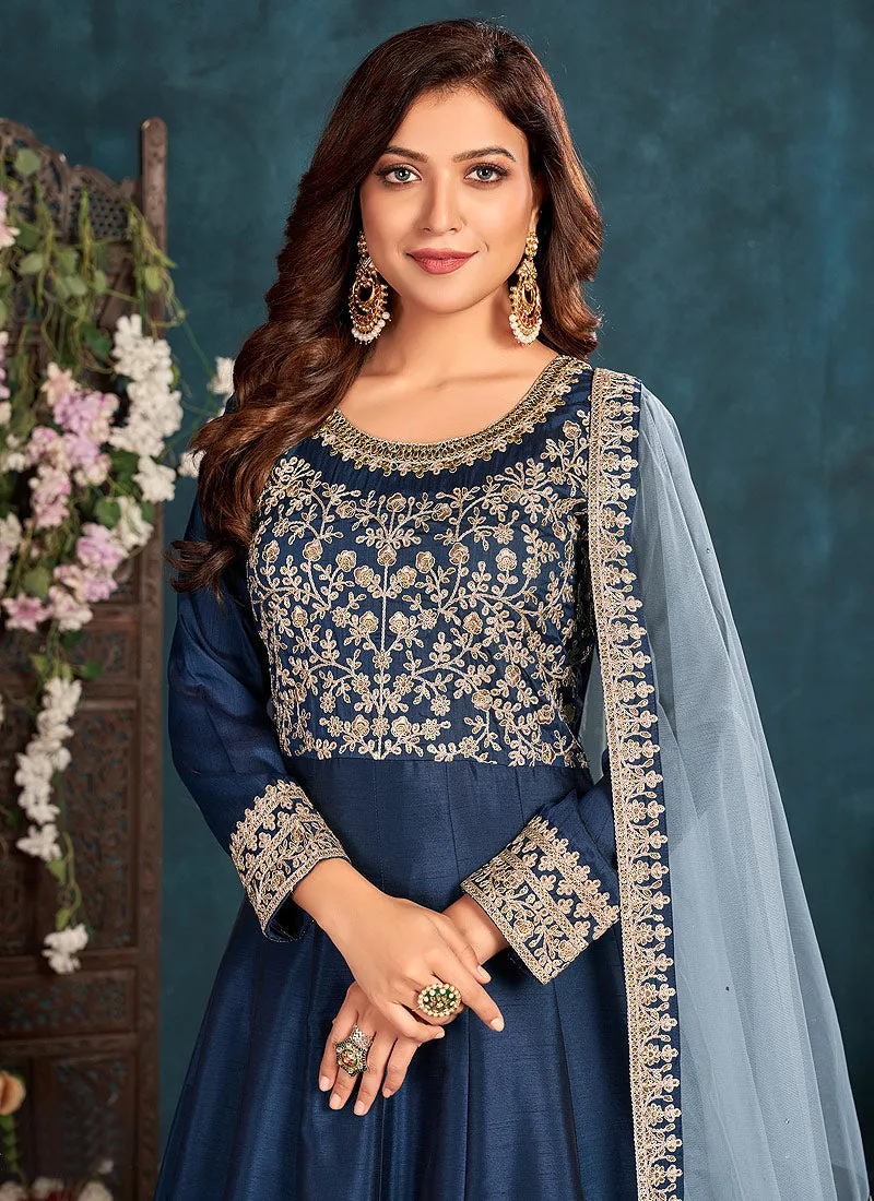 Navy Blue Embroidered Belt Style Silk Anarkali Suit