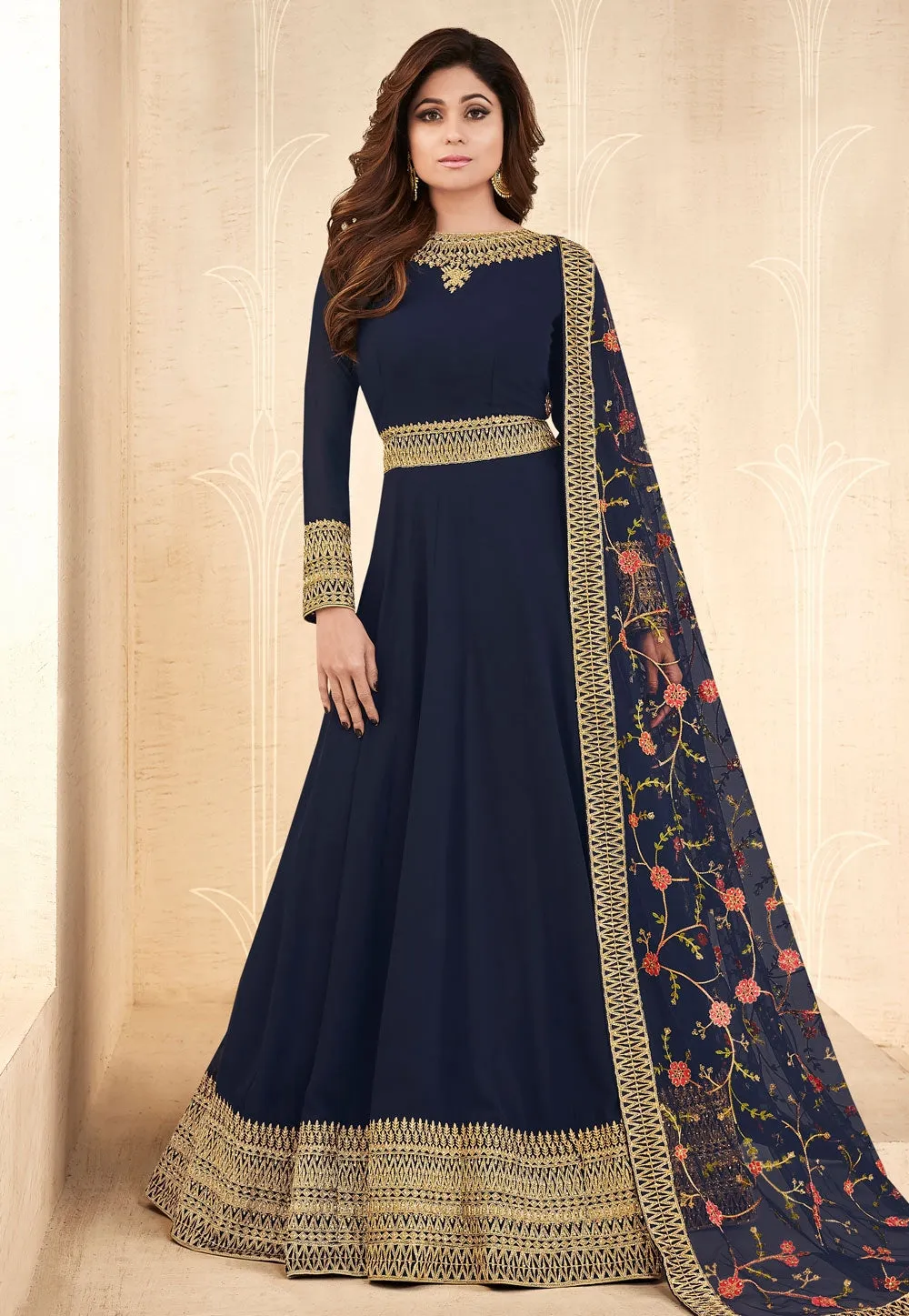 Navy Blue Embroidered Georgette Anarkali Suit