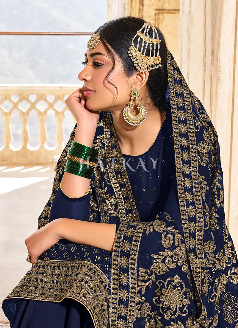 Navy Blue Embroidered Traditional Indian Palazzo Suit