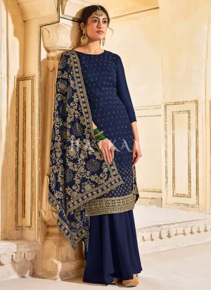 Navy Blue Embroidered Traditional Indian Palazzo Suit