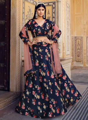 Navy Blue Floral Printed Crinkle Lehenga Choli