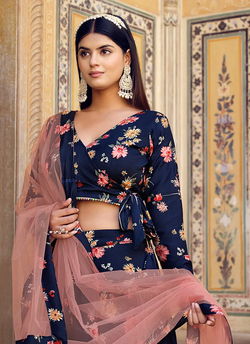 Navy Blue Floral Printed Crinkle Lehenga Choli