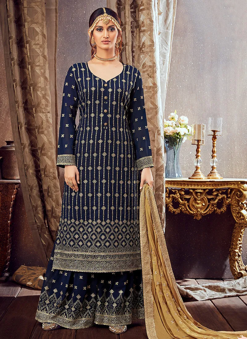 Navy Blue Golden Sharara Suit