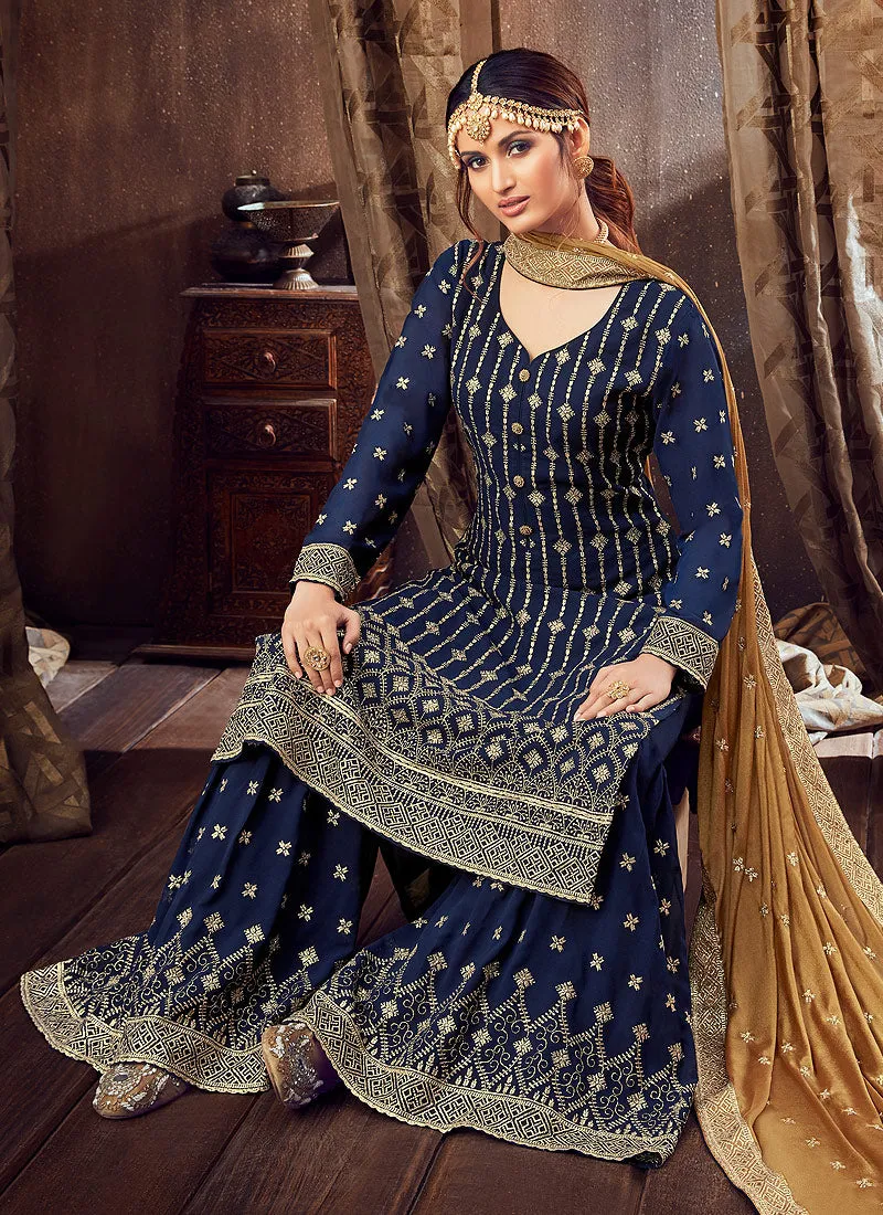 Navy Blue Golden Sharara Suit