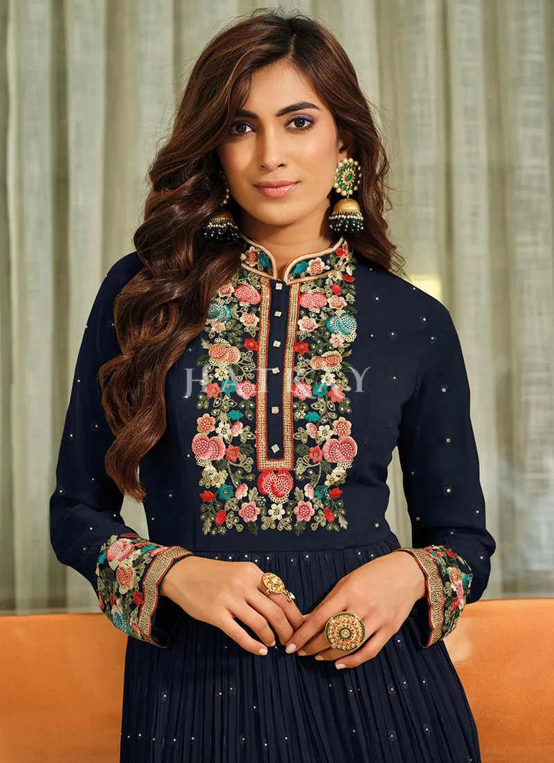 Navy Blue Multi Embroidered Georgette Anarkali Gown